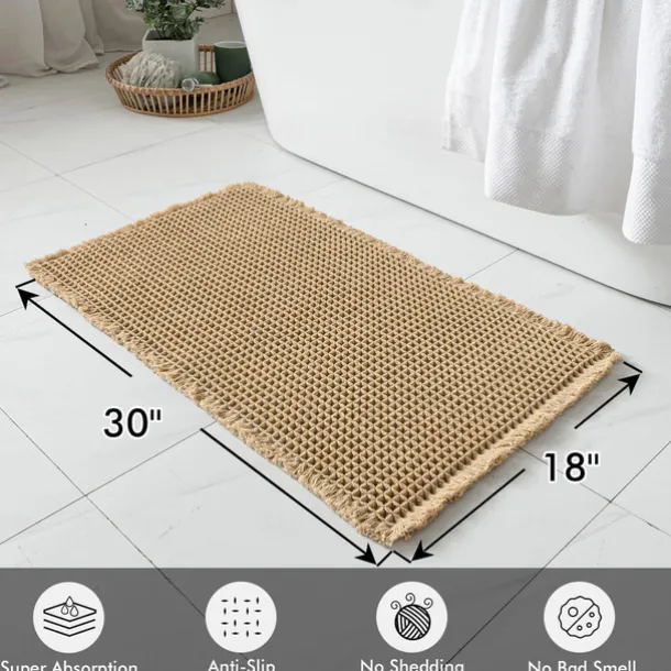 Waffle Bathroom Rugs, Boho Bath Rugs Non Slip Washable, Super Absorbent Bath Mats, Ultra Soft Rubber Backed Shower Mats for Bathroom Floor, Tub and Shower, Brown