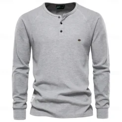 Waffle Henley T-Shirt Men Long Sleeve Basic Breathable Men's Tops Tee Shirts New Autumn Solid Color T Shirt For Men