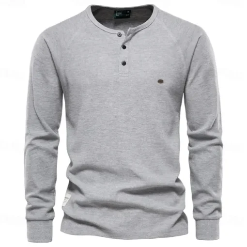 Waffle Henley T-Shirt Men Long Sleeve Basic Breathable Men's Tops Tee Shirts New Autumn Solid Color T Shirt For Men