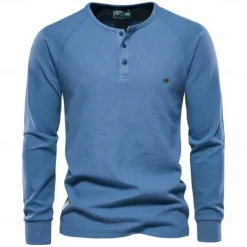 Waffle Henley T-Shirt Men Long Sleeve Basic Breathable Men's Tops Tee Shirts New Autumn Solid Color T Shirt For Men