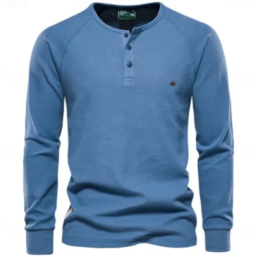 Waffle Henley T-Shirt Men Long Sleeve Basic Breathable Men's Tops Tee Shirts New Autumn Solid Color T Shirt For Men