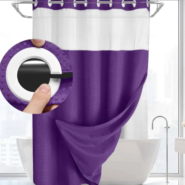 Waffle Weave Shower Curtain 180cm*180cm(70"*70") with Snap-in Fabric Liner Set, Solid Colored Hotel Style for Bathroom with Mesh Top Window