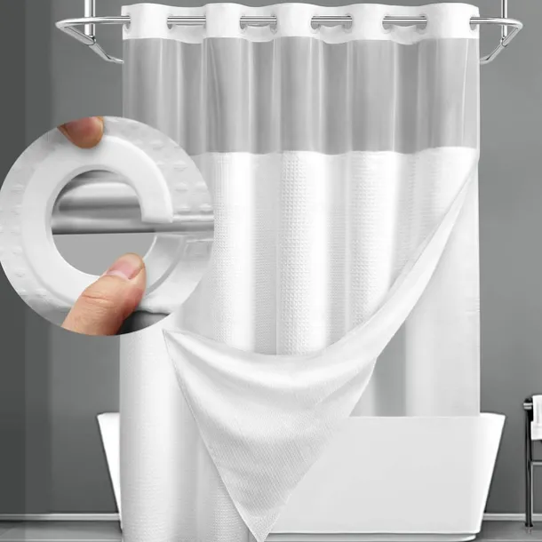 Waffle Weave Shower Curtain 180cm*180cm(70"*70") with Snap-in Fabric Liner Set, Solid Colored Hotel Style for Bathroom with Mesh Top Window