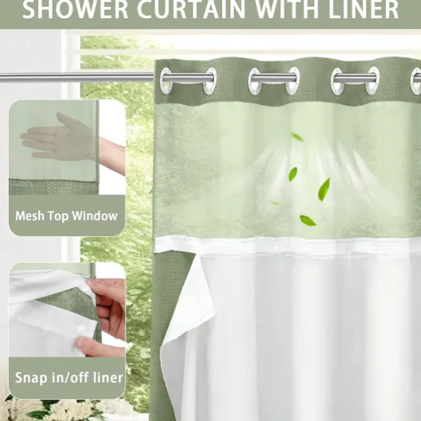 Waffle Weave Shower Curtain 180cm*180cm(70"*70") with Snap-in Fabric Liner Set, Solid Colored Hotel Style for Bathroom with Mesh Top Window