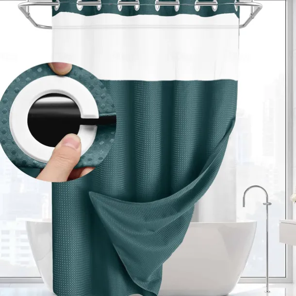 Waffle Weave Shower Curtain 180cm*180cm(70"*70") with Snap-in Fabric Liner Set, Solid Colored Hotel Style for Bathroom with Mesh Top Window