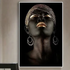 Wall Art Canvas Prints Posters Painting Artwork Picture African American Gold Earrings Necklace Black Pretty Girl Home Decoration Décor Rolled Canvas No Frame Unframed Unstretched