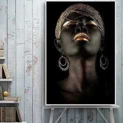 Wall Art Canvas Prints Posters Painting Artwork Picture African American Gold Earrings Necklace Black Pretty Girl Home Decoration Décor Rolled Canvas No Frame Unframed Unstretched