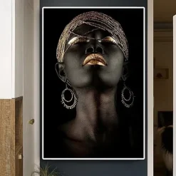 Wall Art Canvas Prints Posters Painting Artwork Picture African American Gold Earrings Necklace Black Pretty Girl Home Decoration Décor Rolled Canvas No Frame Unframed Unstretched