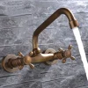 Wall Mount Bathroom Sink Mixer Faucet, Widespread Brass 3 Holes 2 Handles Vintage Basin Taps Washroom with Hot and Cold Water Hose