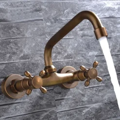 Wall Mount Bathroom Sink Mixer Faucet, Widespread Brass 3 Holes 2 Handles Vintage Basin Taps Washroom with Hot and Cold Water Hose