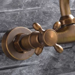 Wall Mount Bathroom Sink Mixer Faucet, Widespread Brass 3 Holes 2 Handles Vintage Basin Taps Washroom with Hot and Cold Water Hose