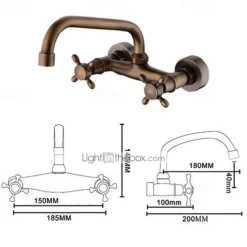 Wall Mount Bathroom Sink Mixer Faucet, Widespread Brass 3 Holes 2 Handles Vintage Basin Taps Washroom with Hot and Cold Water Hose