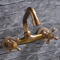 Wall Mount Bathroom Sink Mixer Faucet, Widespread Brass 3 Holes 2 Handles Vintage Basin Taps Washroom with Hot and Cold Water Hose