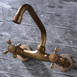 Wall Mount Bathroom Sink Mixer Faucet, Widespread Brass 3 Holes 2 Handles Vintage Basin Taps Washroom with Hot and Cold Water Hose