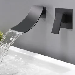 Wall Mount Bathroom Sink Mixer Faucet Matte Black, Concealed Washroom Basin Taps Waterfall Spout Single Handle 2 Hole, Rough in Valve Mixer Bathtub Taps