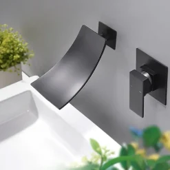 Wall Mount Bathroom Sink Mixer Faucet Matte Black, Concealed Washroom Basin Taps Waterfall Spout Single Handle 2 Hole, Rough in Valve Mixer Bathtub Taps