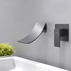 Wall Mount Bathroom Sink Mixer Faucet Matte Black, Concealed Washroom Basin Taps Waterfall Spout Single Handle 2 Hole, Rough in Valve Mixer Bathtub Taps