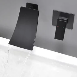 Wall Mount Bathroom Sink Mixer Faucet Matte Black, Concealed Washroom Basin Taps Waterfall Spout Single Handle 2 Hole, Rough in Valve Mixer Bathtub Taps
