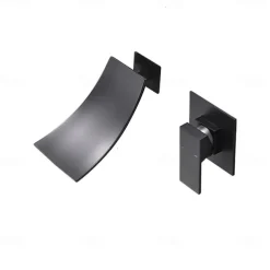 Wall Mount Bathroom Sink Mixer Faucet Matte Black, Concealed Washroom Basin Taps Waterfall Spout Single Handle 2 Hole, Rough in Valve Mixer Bathtub Taps