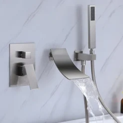 Wall Mounted Bathtub Faucet with Hand Shower, Modern Wall Installation with Ceramic Valve, Bathtub Filling Shower Mixer Faucets, Single Handle Cascading Faucet
