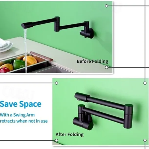 Wall Mounted Kitchen Faucet,Brass Single Handle One Hole Widespread Foldable and Rotatable Painted Finishes Pot Filler Contemporary Kitchen Taps with Hot and Cold Water