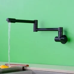 Wall Mounted Kitchen Faucet,Brass Single Handle One Hole Widespread Foldable and Rotatable Painted Finishes Pot Filler Contemporary Kitchen Taps with Hot and Cold Water