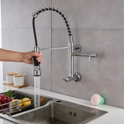 Wall Mounted Kitchen Sink Faucet Only Cold Water Pull Down Sprayer, 360 Swivel Pull Out Kitchen Taps 2 Sprayer Mode Vessel Water Tap Gold Black Chrome