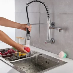 Wall Mounted Kitchen Sink Faucet Only Cold Water Pull Down Sprayer, 360 Swivel Pull Out Kitchen Taps 2 Sprayer Mode Vessel Water Tap Gold Black Chrome
