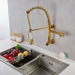 Wall Mounted Kitchen Sink Faucet Only Cold Water Pull Down Sprayer, 360 Swivel Pull Out Kitchen Taps 2 Sprayer Mode Vessel Water Tap Gold Black Chrome