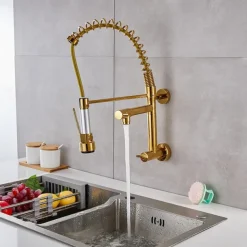 Wall Mounted Kitchen Sink Faucet Only Cold Water Pull Down Sprayer, 360 Swivel Pull Out Kitchen Taps 2 Sprayer Mode Vessel Water Tap Gold Black Chrome