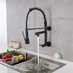 Wall Mounted Kitchen Sink Faucet Only Cold Water Pull Down Sprayer, 360 Swivel Pull Out Kitchen Taps 2 Sprayer Mode Vessel Water Tap Gold Black Chrome