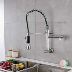 Wall Mounted Kitchen Sink Faucet Only Cold Water Pull Down Sprayer, 360 Swivel Pull Out Kitchen Taps 2 Sprayer Mode Vessel Water Tap Gold Black Chrome