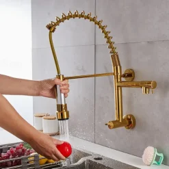 Wall Mounted Kitchen Sink Faucet Only Cold Water Pull Down Sprayer, 360 Swivel Pull Out Kitchen Taps 2 Sprayer Mode Vessel Water Tap Gold Black Chrome