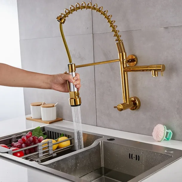 Wall Mounted Kitchen Sink Faucet Only Cold Water Pull Down Sprayer, 360 Swivel Pull Out Kitchen Taps 2 Sprayer Mode Vessel Water Tap Gold Black Chrome