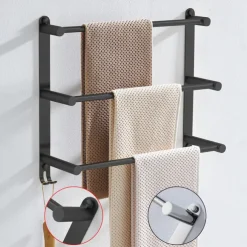 Wall Mounted Towel Rack with Hooks,Stainless Steel 3-TierTowel Bar Storage Shelf for Bathroom 30cm~70cm Towel Holder Towel Rail Towel Hanger
