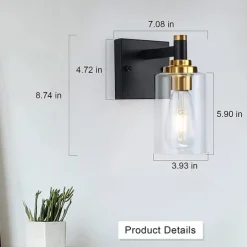 Wall Sconces Black & Gold 1 Light Wall Sconce, Modern Wall Light Fixtures, Farmhouse Wall Sconces with Clear Glass Shade, Wall Lights for Living Room, Bedroom, Stair, Bathroom, Hallway 110-240V