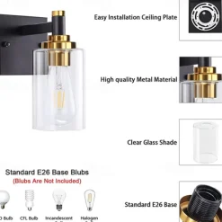 Wall Sconces Black & Gold 1 Light Wall Sconce, Modern Wall Light Fixtures, Farmhouse Wall Sconces with Clear Glass Shade, Wall Lights for Living Room, Bedroom, Stair, Bathroom, Hallway 110-240V