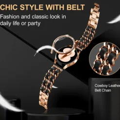 Watch Band for Samsung Galaxy Watch 4 40/44mm Watch Active 2 40/44mm Stainless Chain with Leather Belt Replacement Strap Bling Diamond Luxury Jewelry Bracelet Wristband