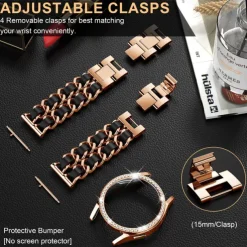 Watch Band for Samsung Galaxy Watch 4 40/44mm Watch Active 2 40/44mm Stainless Chain with Leather Belt Replacement Strap Bling Diamond Luxury Jewelry Bracelet Wristband