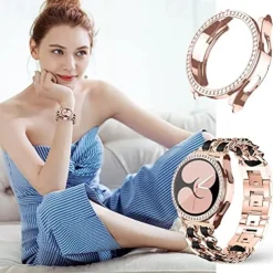 Watch Band for Samsung Galaxy Watch 4 40/44mm Watch Active 2 40/44mm Stainless Chain with Leather Belt Replacement Strap Bling Diamond Luxury Jewelry Bracelet Wristband