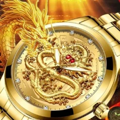 Watch Men's Watches Luxury Gold Quartz Wristwatch 3D Waterproof Dragon Automatic Self-Wind Watch For Men Relojes