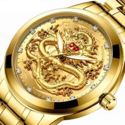 Watch Men's Watches Luxury Gold Quartz Wristwatch 3D Waterproof Dragon Automatic Self-Wind Watch For Men Relojes