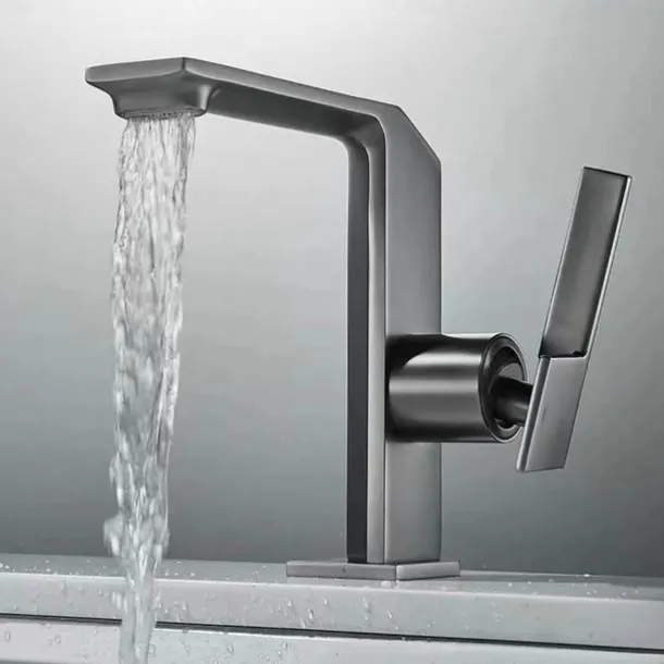 Waterfall Bathroom Sink Mixer Faucet Brass, Single Handle Washroom Basin Taps One Hole Faucets with Hot and Cold Hose, Waterfall Spout Brass Bathroom Tap Chrome Black Gold Grey
