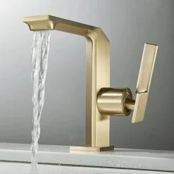 Waterfall Bathroom Sink Mixer Faucet Brass, Single Handle Washroom Basin Taps One Hole Faucets with Hot and Cold Hose, Waterfall Spout Brass Bathroom Tap Chrome Black Gold Grey