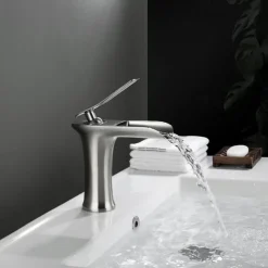 Waterfall Bathroom Sink Mixer Faucet 4.7" Spout, Mono Wash Basin Single Handle Basin Taps Washroom with Hot and Cold Hose, Monobloc Vessel Water Brass Tap Deck Mounted