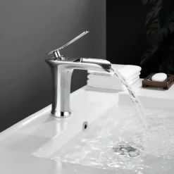 Waterfall Bathroom Sink Mixer Faucet 4.7" Spout, Mono Wash Basin Single Handle Basin Taps Washroom with Hot and Cold Hose, Monobloc Vessel Water Brass Tap Deck Mounted