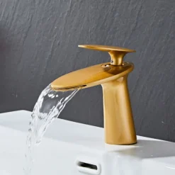 Waterfall Bathroom Sink Mixer Faucet, Monobloc Washroom Basin Taps Single Handle One Hole Deck Mounted with Hot and Cold Water Hose