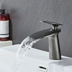 Waterfall Bathroom Sink Mixer Faucet, Monobloc Washroom Basin Taps Single Handle One Hole Deck Mounted with Hot and Cold Water Hose
