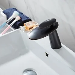 Waterfall Bathroom Sink Mixer Faucet, Monobloc Washroom Basin Taps Single Handle One Hole Deck Mounted with Hot and Cold Water Hose