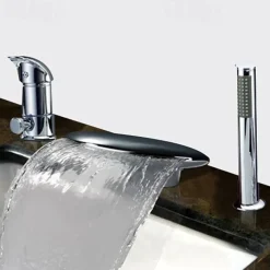 Waterfall Bathtub Faucet Deck Mounted, Widespread Bathroom Faucet Bath Roman Tub Filler Mixer Tap Brass, 3 Hole Sprayer with Cold Hot Water Hose